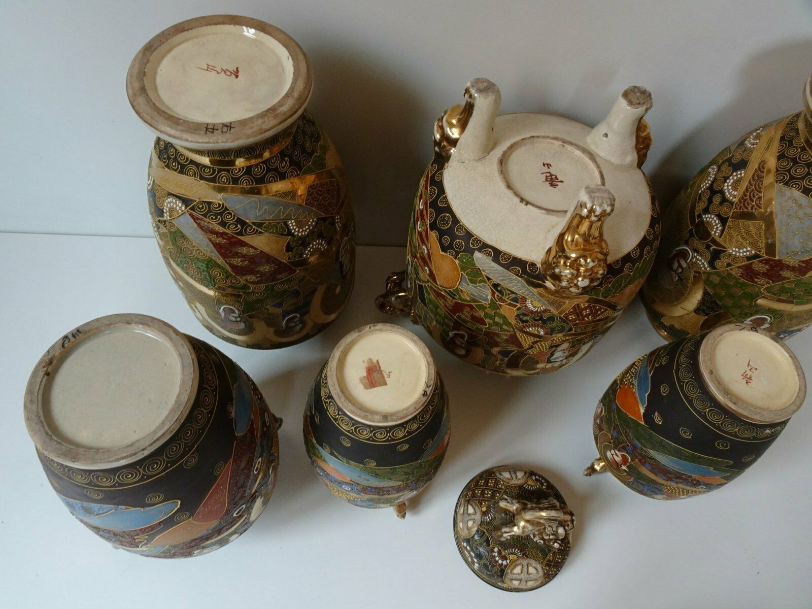 photo buy Large Antique Meiji Satsuma Moriage Vases And Burners, Japan, Set Of 7