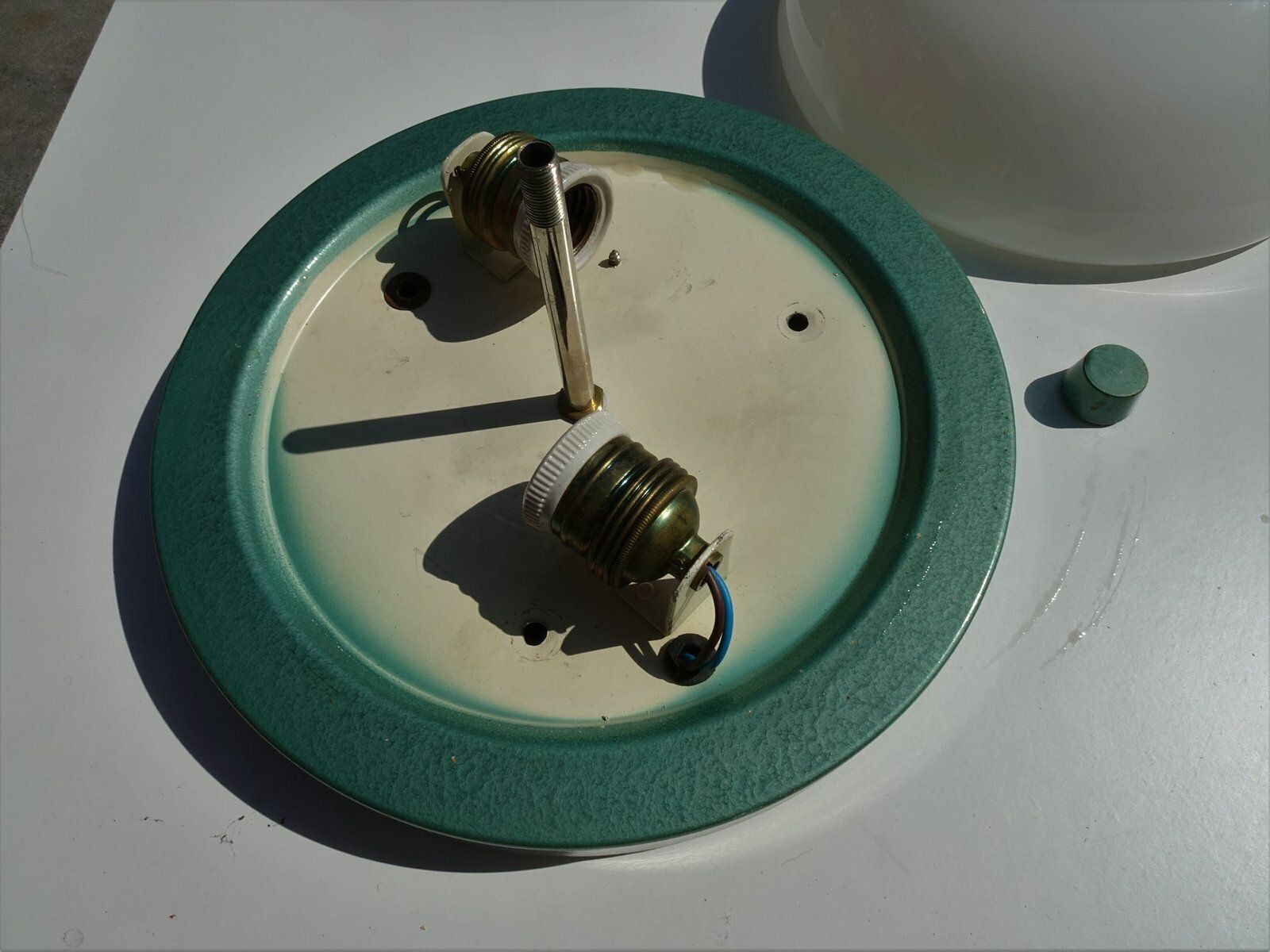 Industrial Metalic Green Lacquered Ceiling Lamp In White Opaline Glass, 1940s photo buy