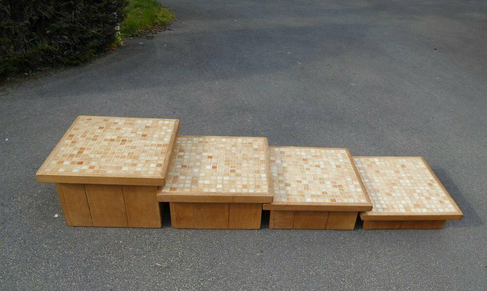 Modular Pink Mosaic And Inlaid Oak Coffee Table, 1960s, Set Of 4