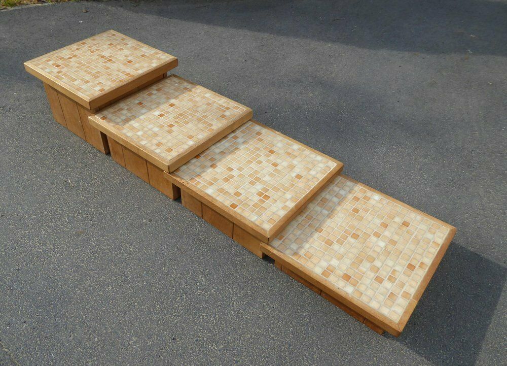 Modular Pink Mosaic And Inlaid Oak Coffee Table, 1960s, Set Of 4 photo buy