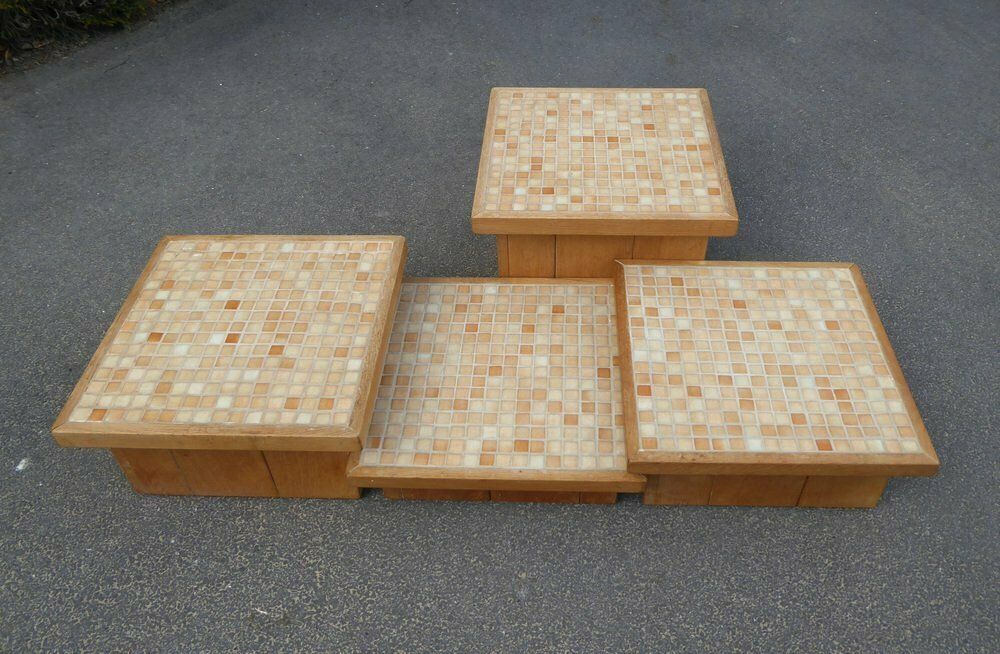 839.0 Modular Pink Mosaic And Inlaid Oak Coffee Table, 1960s, Set Of 4 photo