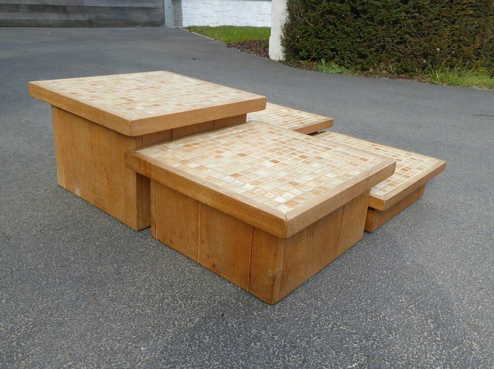 photo buy Modular Pink Mosaic And Inlaid Oak Coffee Table, 1960s, Set Of 4