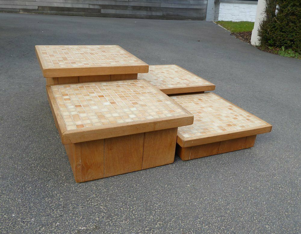 photo vintage Modular Pink Mosaic And Inlaid Oak Coffee Table, 1960s, Set Of 4