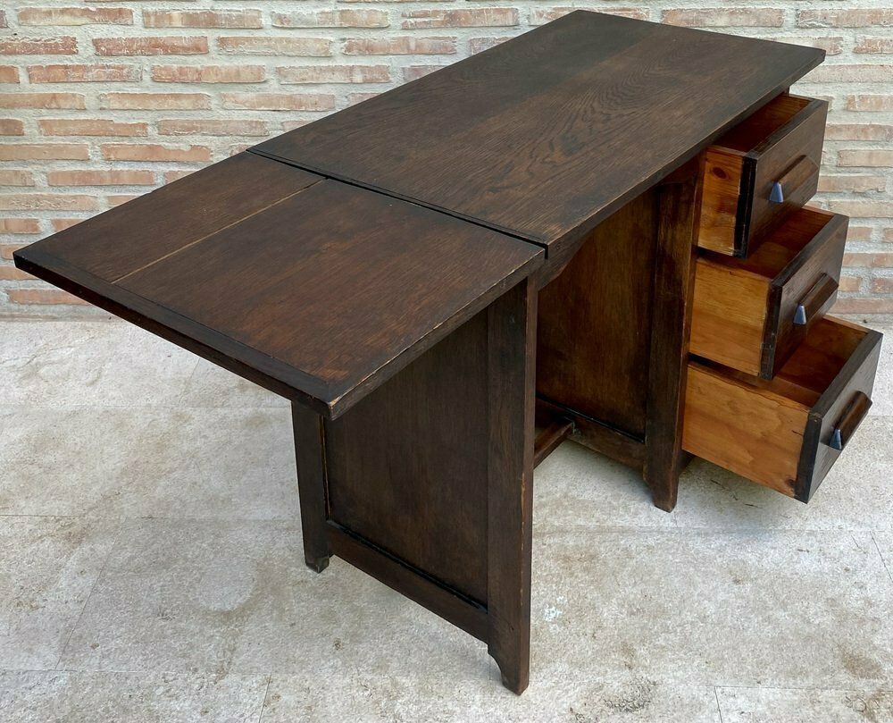 photo for sale Early 20th Century Spanish Desk Or Work Table In Oak Wood With Lateral Wing, 1920s