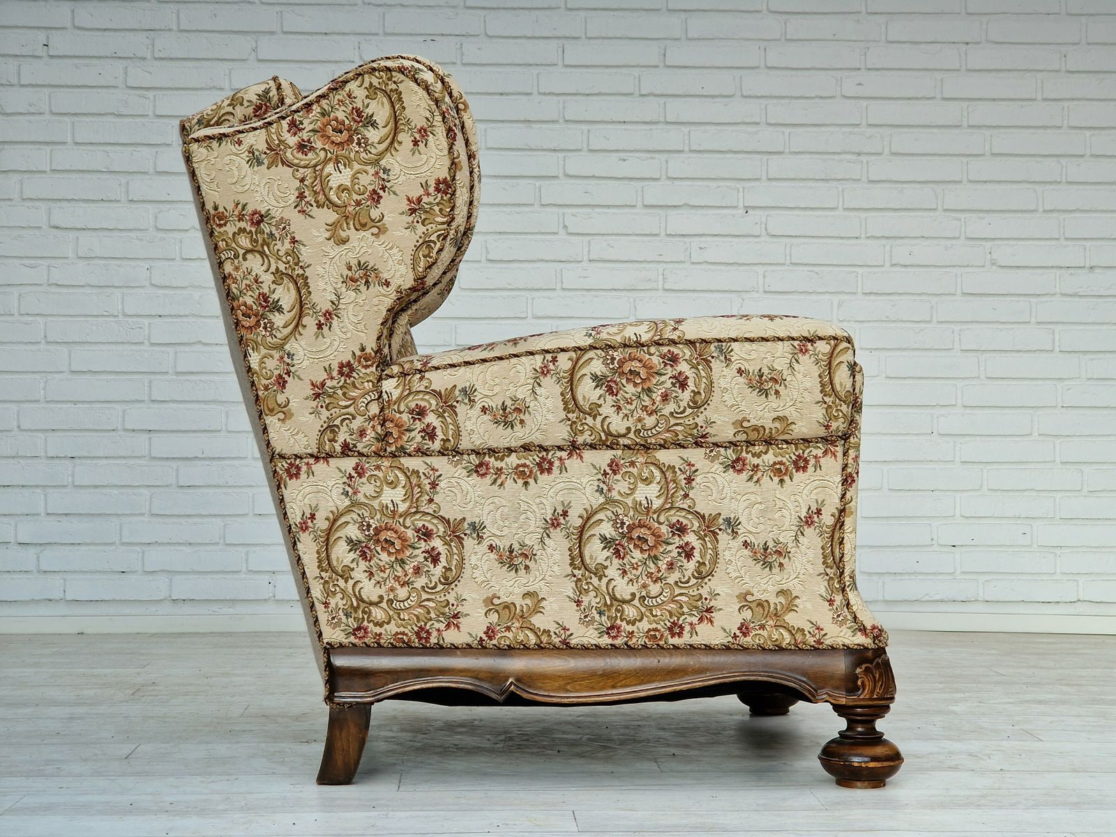 1950s, Danish Vintage Relax Chair In Floral Woven Fabric, Very Good Condition. photo vintage