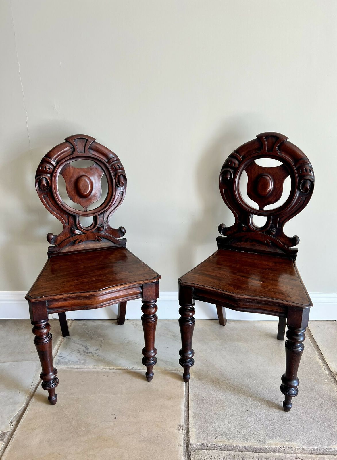 Quality Pair Of Antique Quality Carved Mahogany Hall Chairs