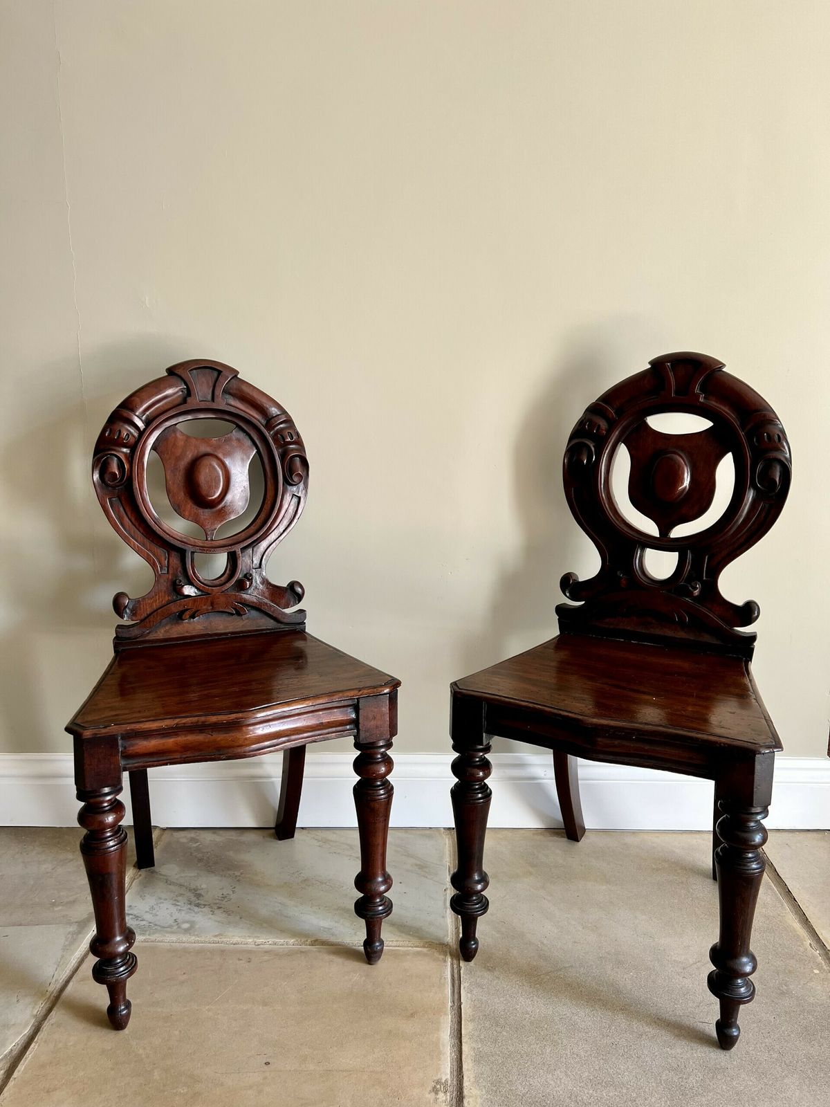 Quality Pair Of Antique Quality Carved Mahogany Hall Chairs photo 785.0