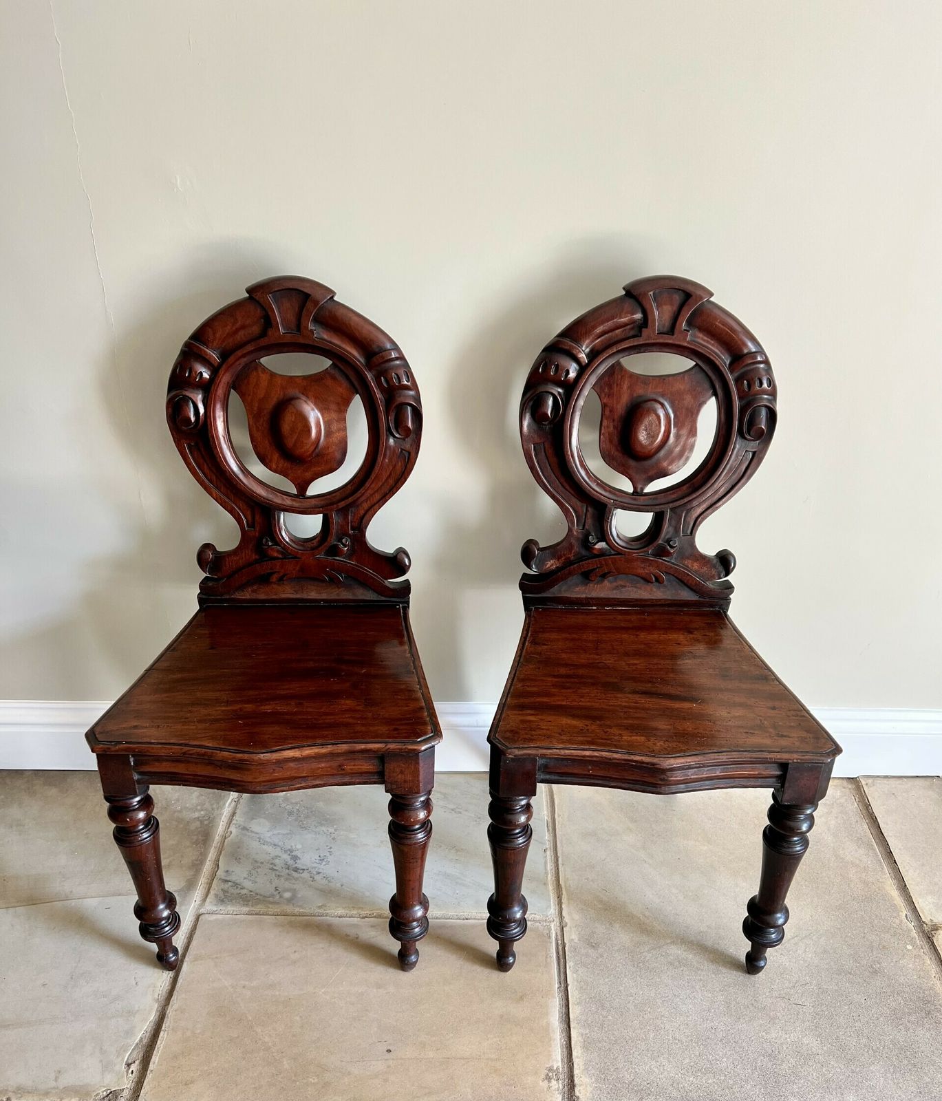 photo for sale Quality Pair Of Antique Quality Carved Mahogany Hall Chairs