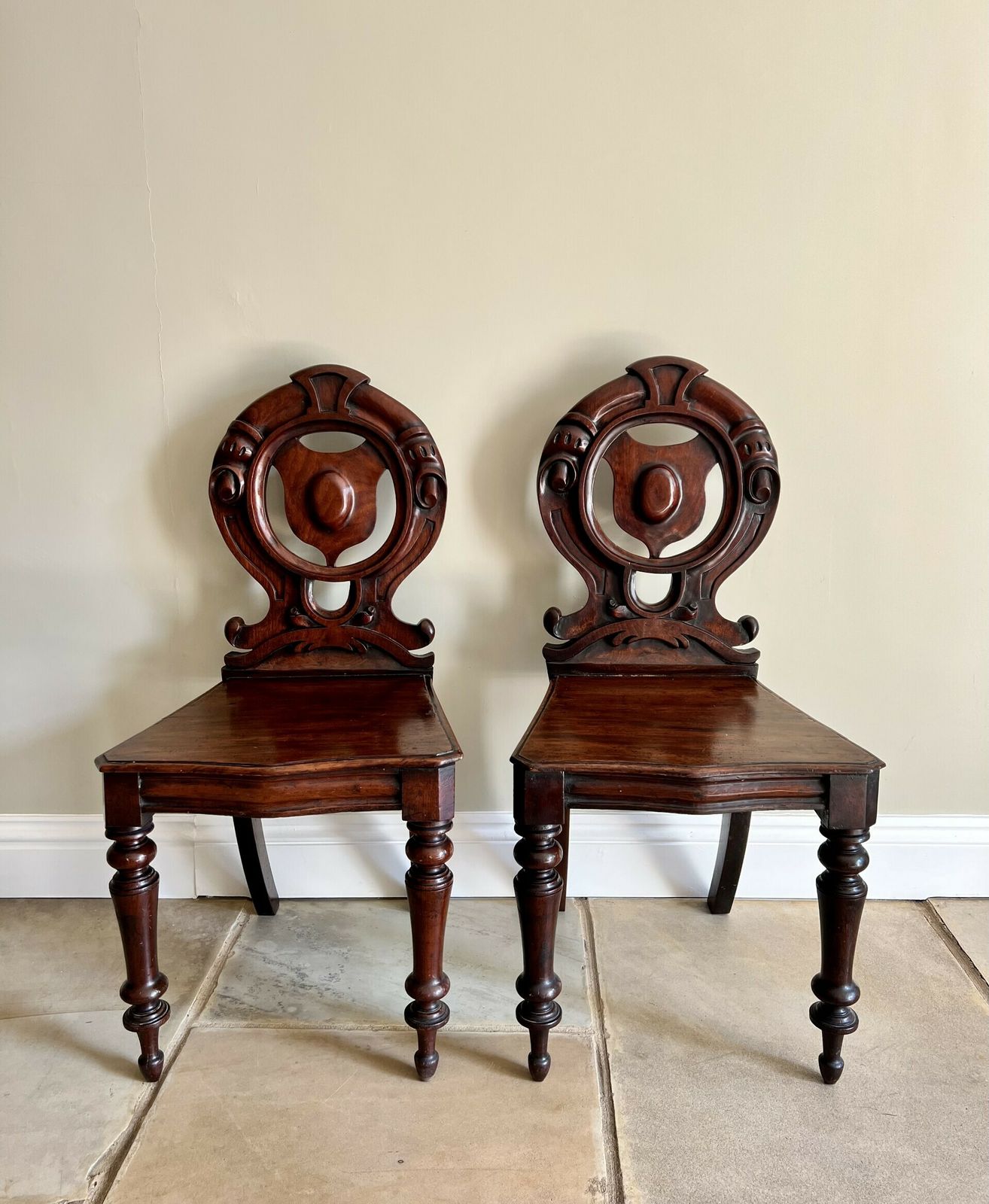 Furniture Quality Pair Of Antique Quality Carved Mahogany Hall Chairs photo