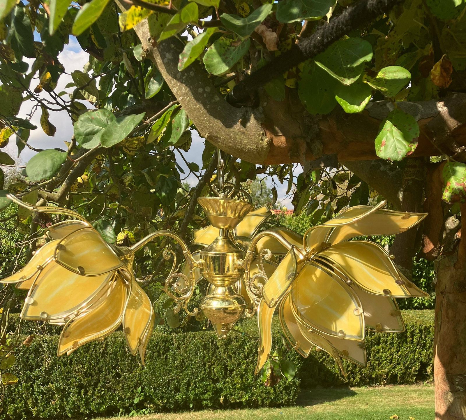 Hollywood Regency Yellow Lotus Flower Chandelier photo for sale