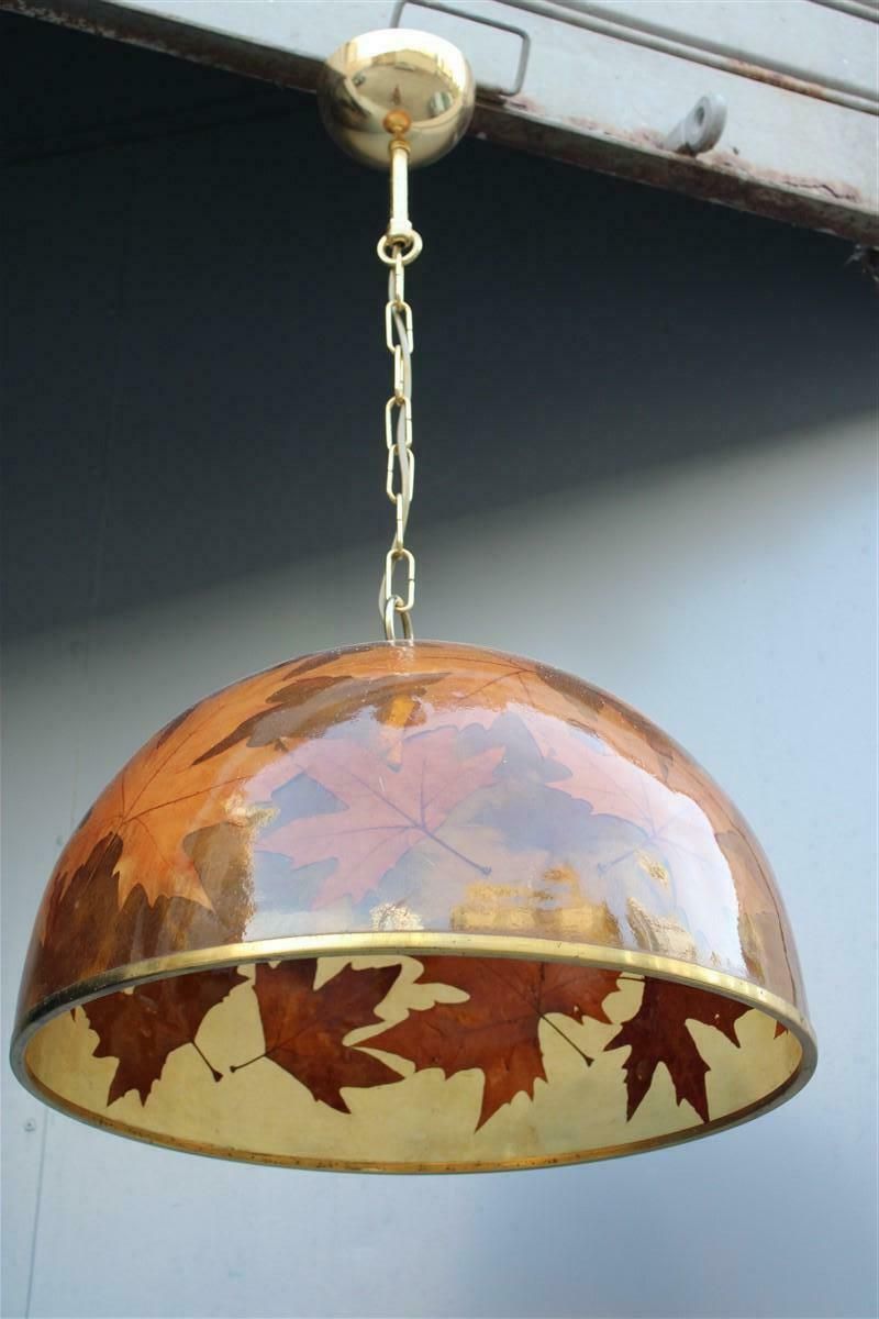 Italian Dome Chandelier In Resin With Plane Leaves Design 1970 Brass photo furniture