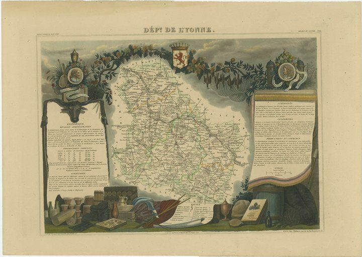 Hand Colored Antique Map Of The Department Of L'yonne, France