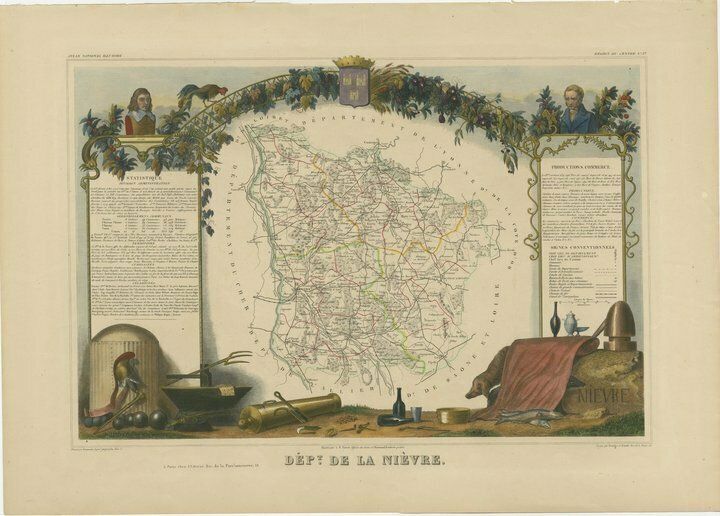 Hand Colored Antique Map Of The Department Of Nièvre, France