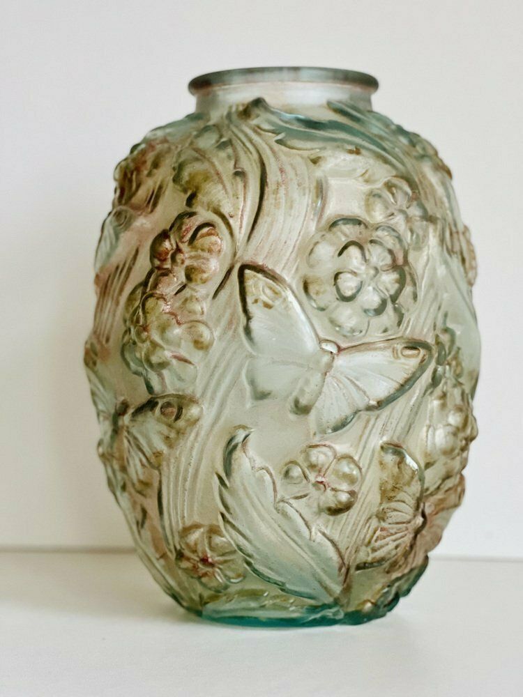 Large Art Deco Satin Pressed Glass Vase, 1930s photo vintage