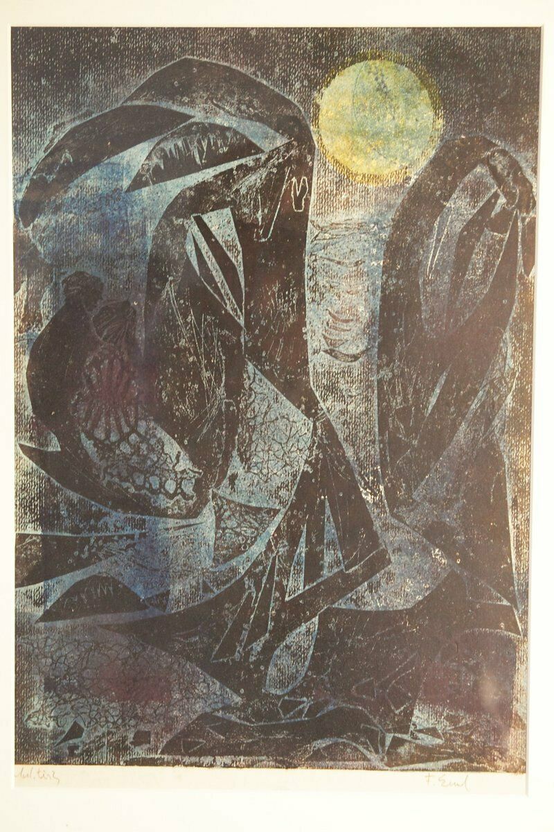Frantisek Emler, Lovers In Moonlight, Oil On Paper, 1965, Framed photo Art