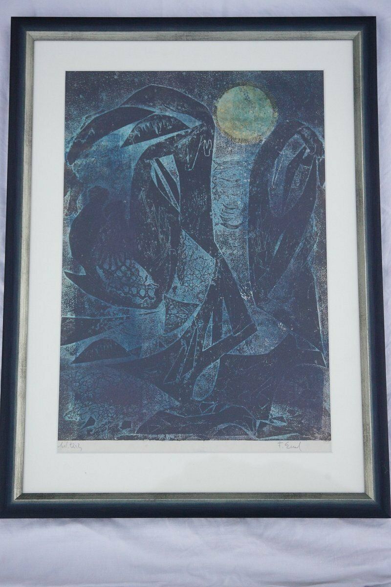 680.0 Frantisek Emler, Lovers In Moonlight, Oil On Paper, 1965, Framed photo