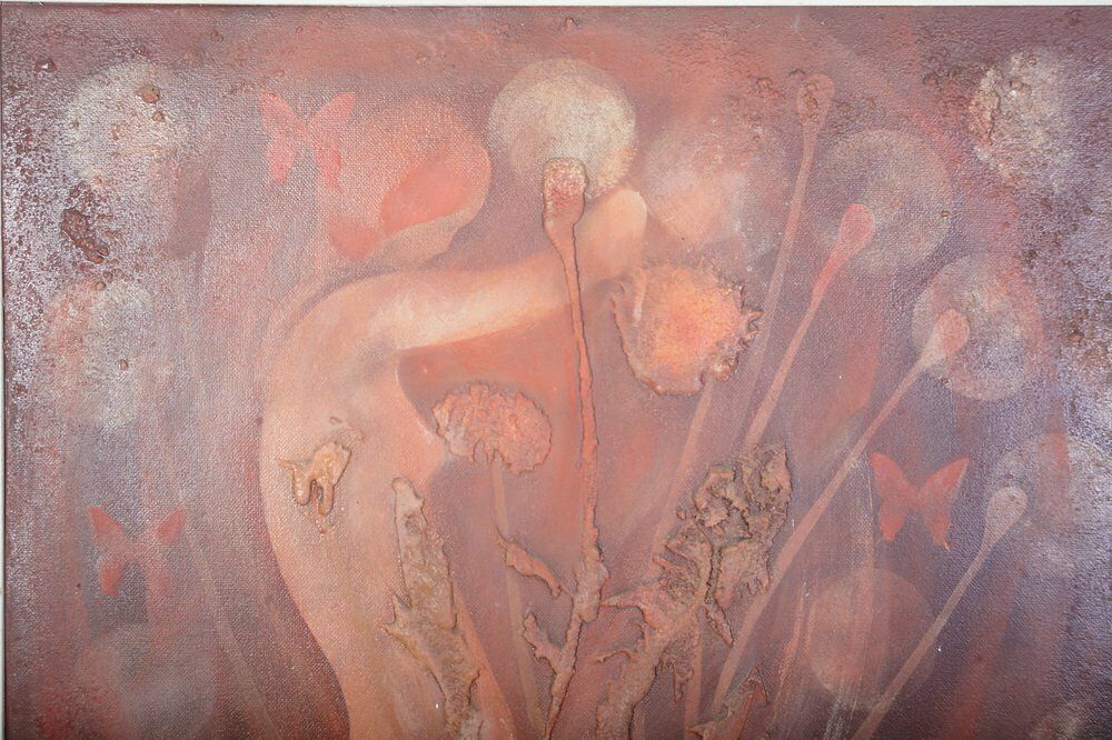 M. Pelant, Girl With Butterflies, 1982, Mixed Media On Wood photo for sale