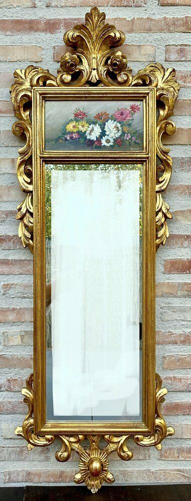 French Gilt Carved Wall Mirror In French Rococo Style With Oil Painting Of Floral Motifs, 1920s