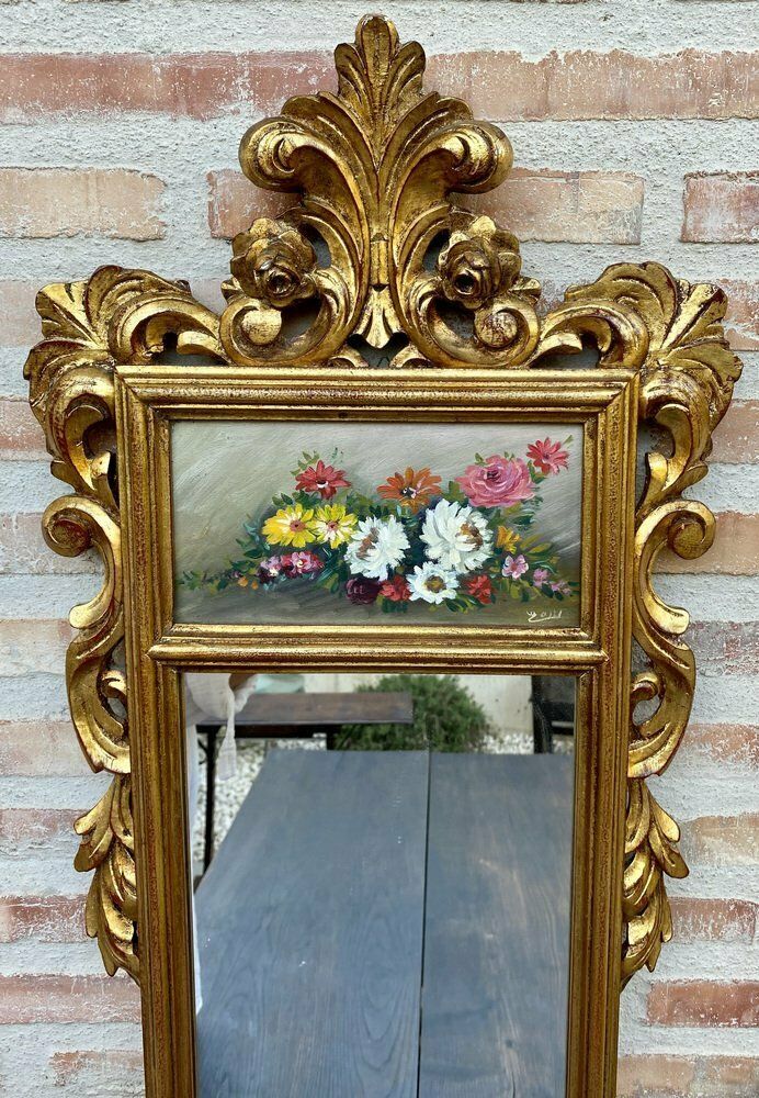 French Gilt Carved Wall Mirror In French Rococo Style With Oil Painting Of Floral Motifs, 1920s photo 1637.0