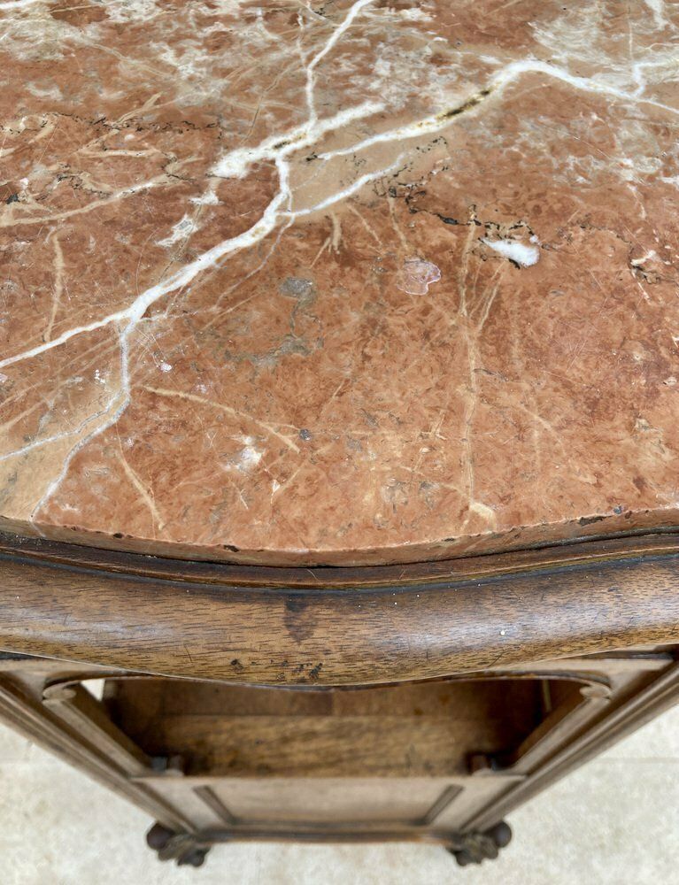 photo for sale Vintage Louis XVI Stijl Spaanse Nachtkastjes In Hout En Rood Marmer, Ca. Jaren 1920, Set Van 2