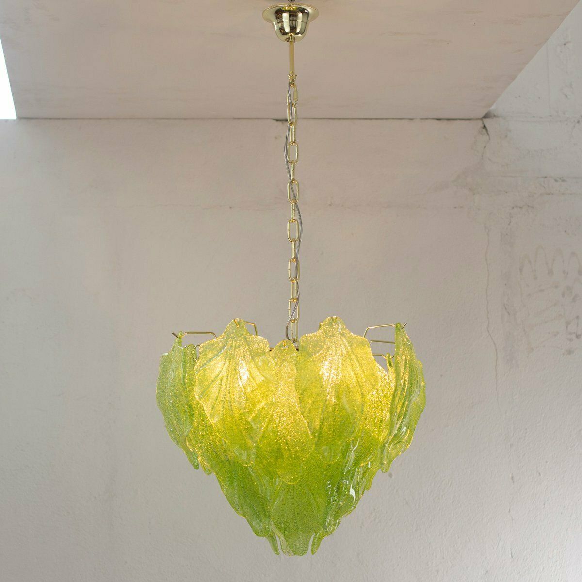 Suspension Chandelier In Murano Glass Leaves In Green Colour, Italy, 1990s photo for sale
