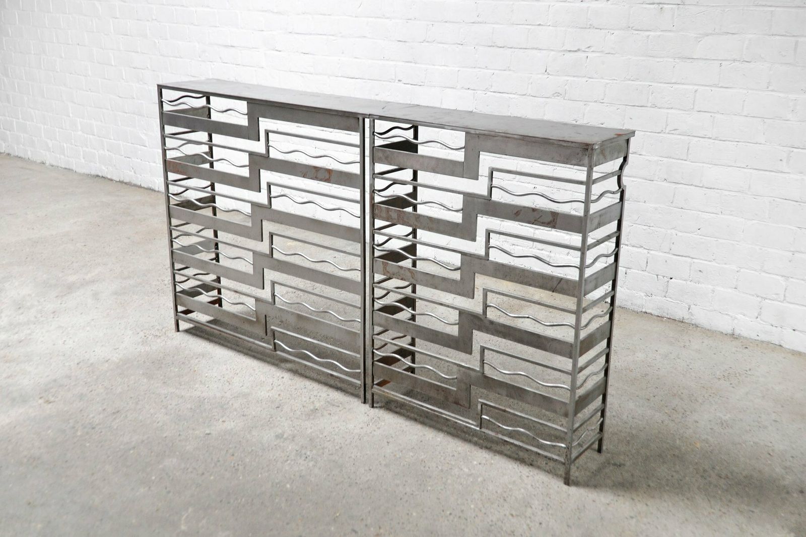 Vintage French Metal Geometric Console Tables, Set Of 2 photo for sale