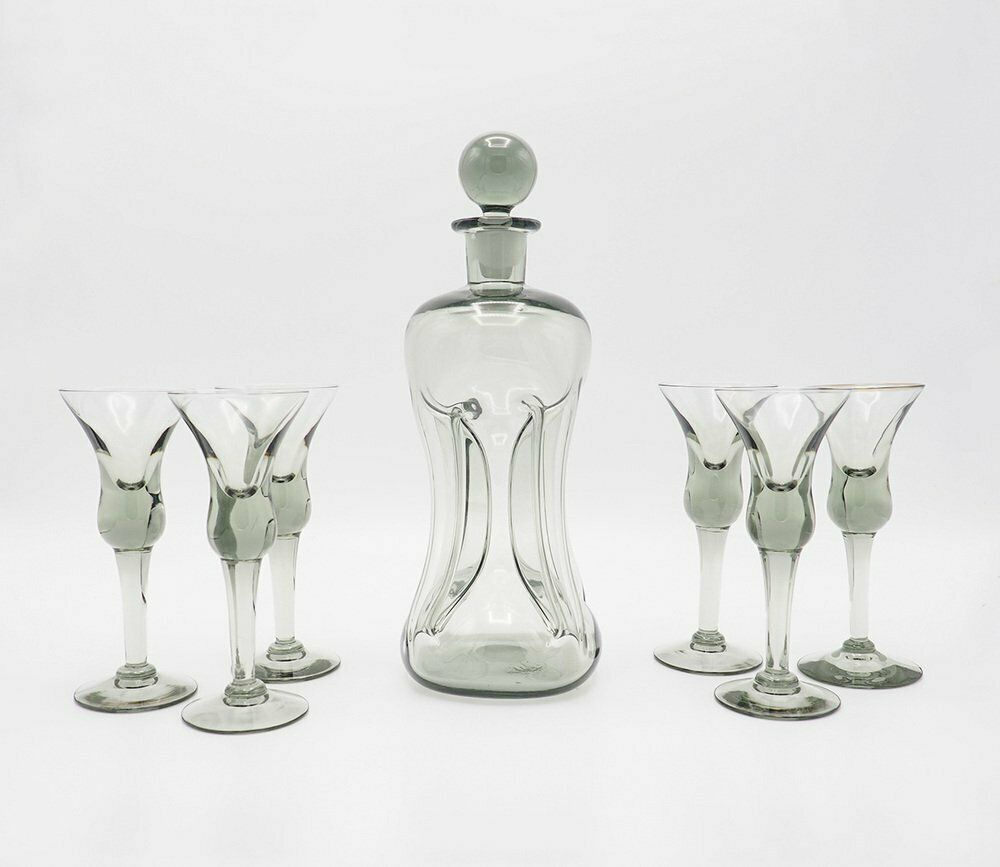 Decanter And Cordial Glasses In Grey Smoked Glass From Holmegaard Denmark, 1950s, Set Of 7