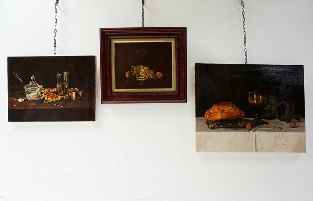 Belgian Artist, Still Life, 1983, Oil On Canvas Paintings, Set Of 3