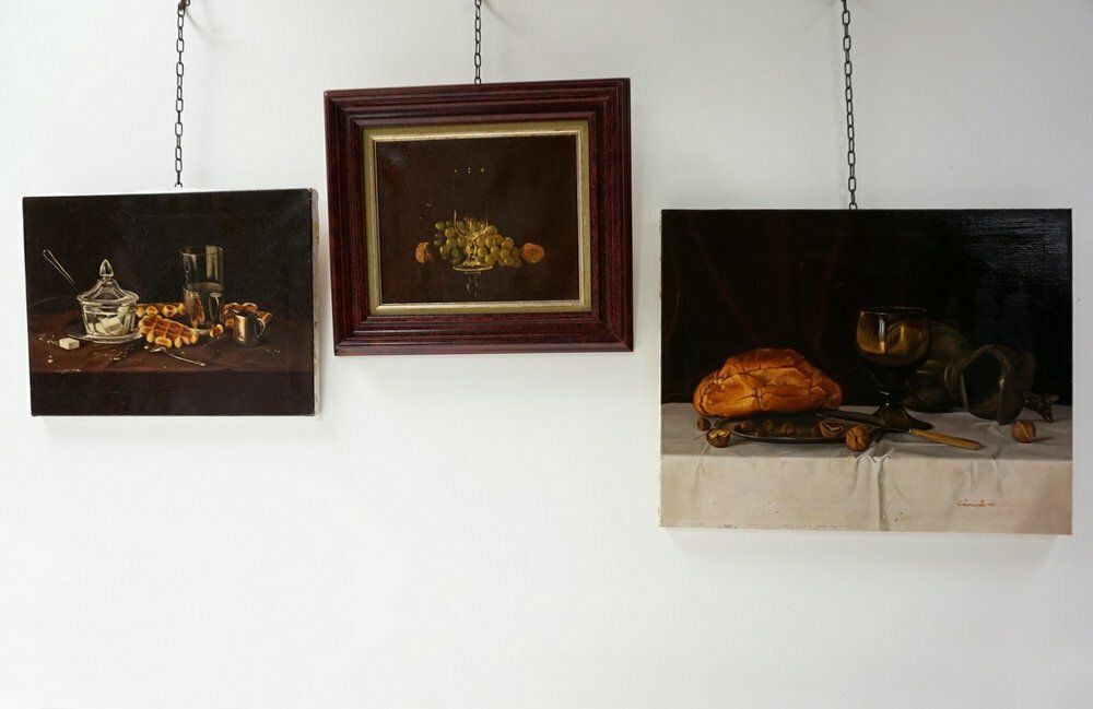 photo vintage Belgian Artist, Still Life, 1983, Oil On Canvas Paintings, Set Of 3