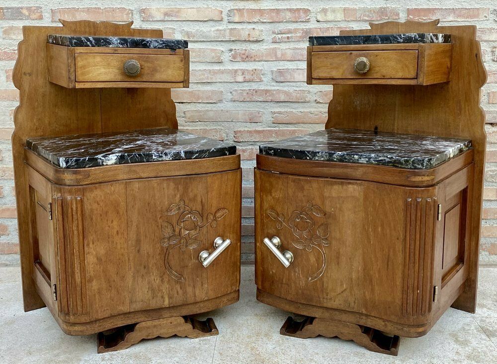 Art Nouveau Style Carved Nightstands Or Bedside Tables With Marble Top, 1930, Set Of 2