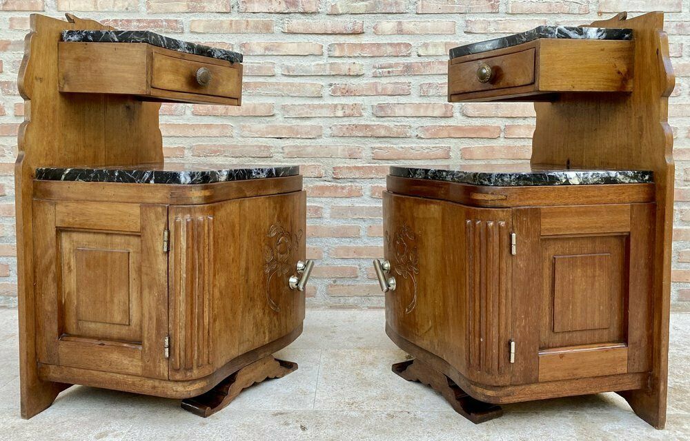 photo furniture Art Nouveau Style Carved Nightstands Or Bedside Tables With Marble Top, 1930, Set Of 2