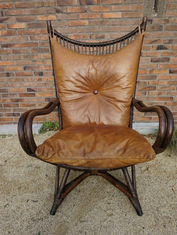 Bamboo And Leather Sculptural Fan Back Lounge Chair, 1960s photo 1249.0