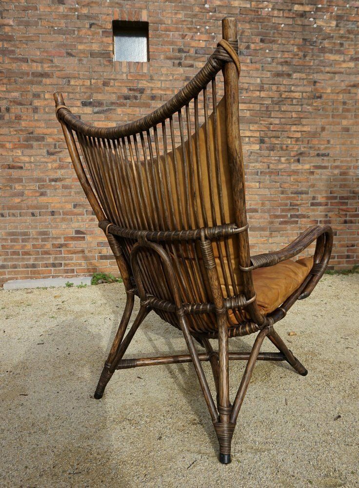 Furniture Bamboo And Leather Sculptural Fan Back Lounge Chair, 1960s photo