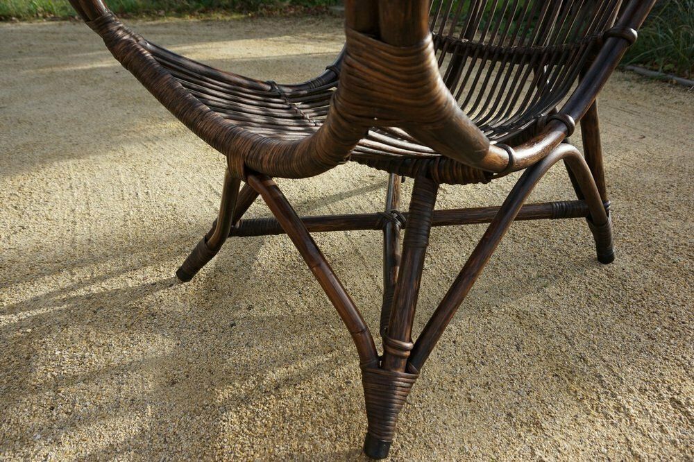 photo vintage Bamboo And Leather Sculptural Fan Back Lounge Chair, 1960s