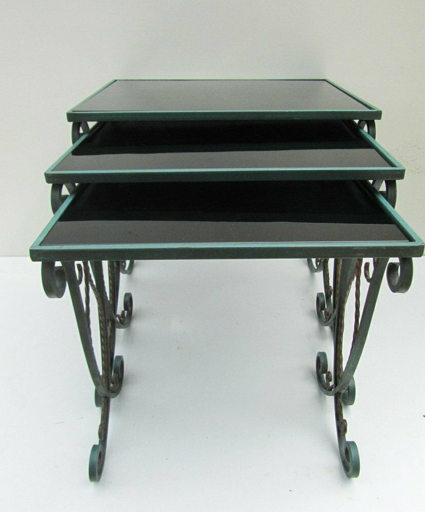 French Black Glass Nesting Tables In Wrought Iron, 1940s, Set Of 3 photo Furniture