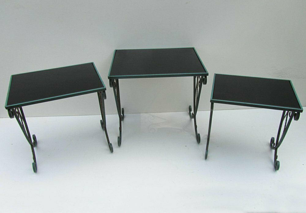French Black Glass Nesting Tables In Wrought Iron, 1940s, Set Of 3 photo 543.0