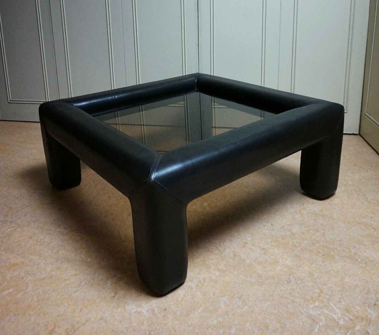 Black Leather With Smoked Glass Coffee Or Side Table From De Sede, Switzerland, 1980s photo furniture
