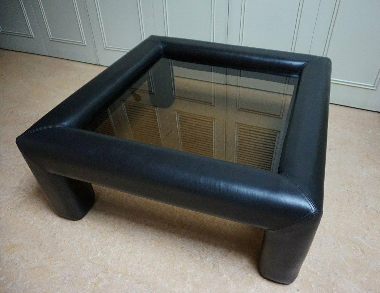 Black Leather With Smoked Glass Coffee Or Side Table From De Sede, Switzerland, 1980s photo 560.0