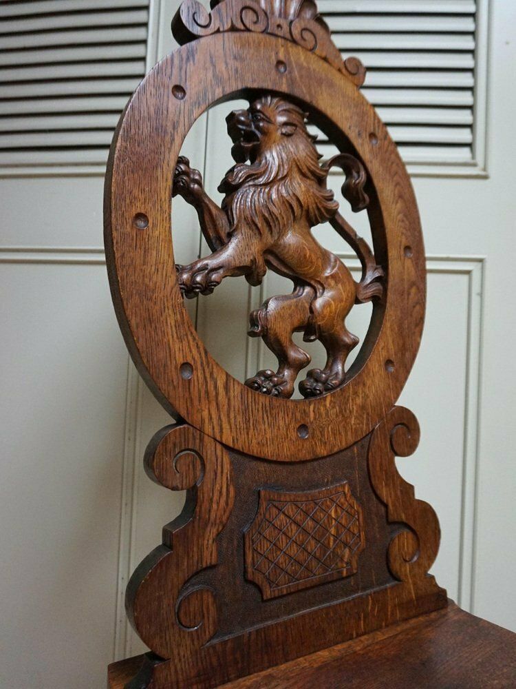 19th Century Swiss Black Forest Hand Carved Oak Side Chair With Standing Lion photo for sale