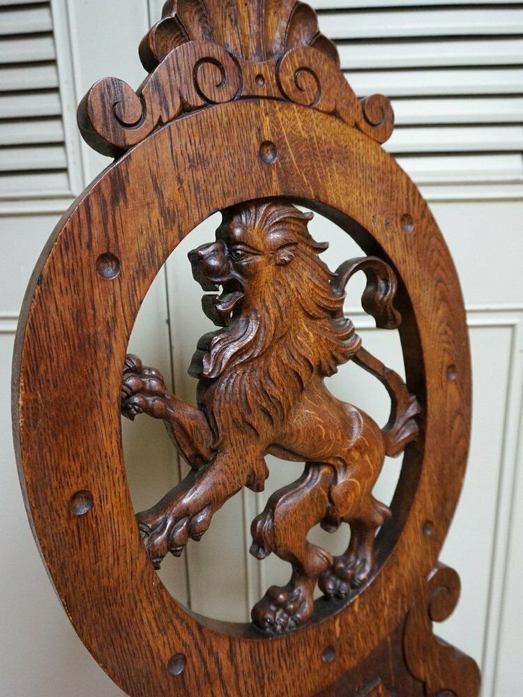 19th Century Swiss Black Forest Hand Carved Oak Side Chair With Standing Lion photo Furniture