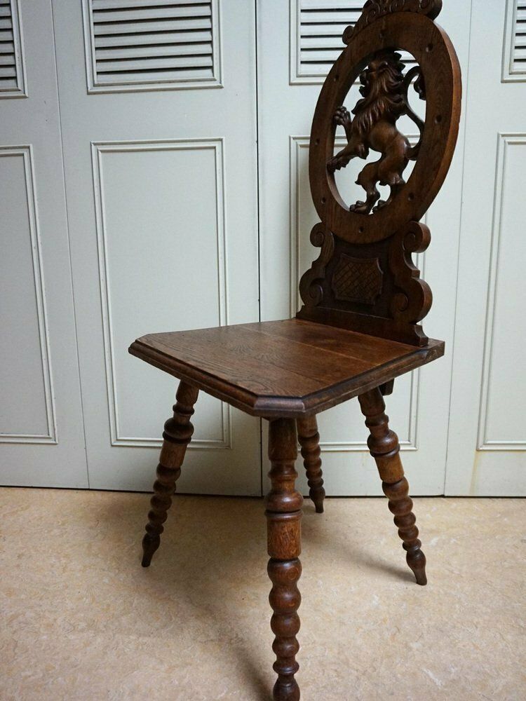 Furniture 19th Century Swiss Black Forest Hand Carved Oak Side Chair With Standing Lion photo