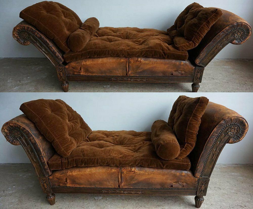 French Distressed Leather Adjustable Loveseat Or Daybed, 1900s photo furniture