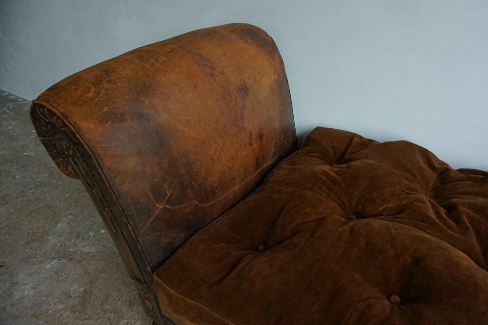 photo for sale French Distressed Leather Adjustable Loveseat Or Daybed, 1900s