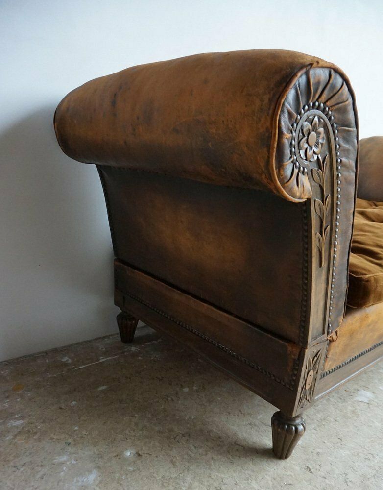 Furniture French Distressed Leather Adjustable Loveseat Or Daybed, 1900s photo