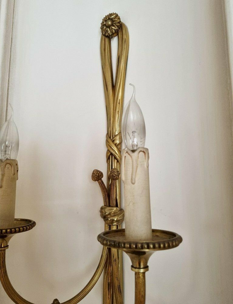 Large 19th Century French Gilt Bronze Knot, Tassel & Ribbon Wall Lights Sconces, Set Of 2 photo vinterior