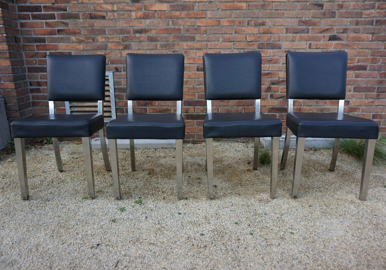 Art Deco Machine Age Industrial Chrome & Leatherette Dining Chairs, 1950s, Set Of 4