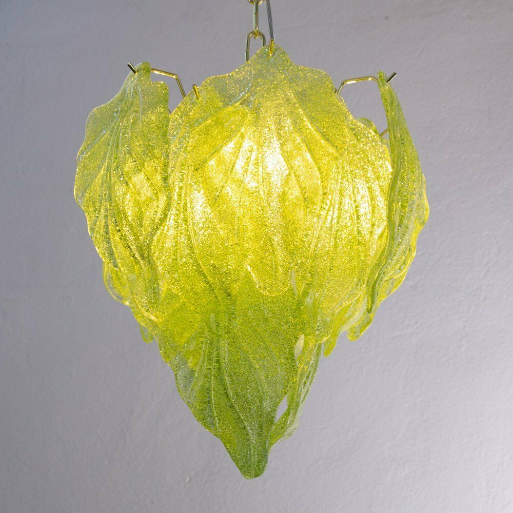 Light Green Pendant Chandelier With Murano Glass Leaves, Italy, 1990s photo buy
