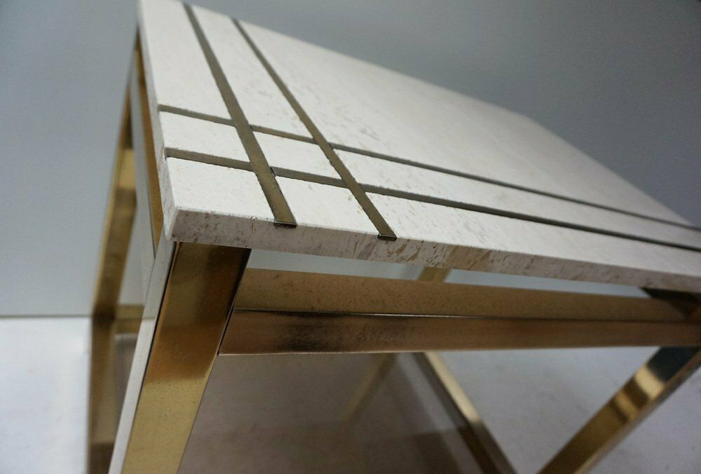 photo vintage Travertine And Gold Side Table By Maison Jansen Alain Delon For Mario Sabot, 1970s