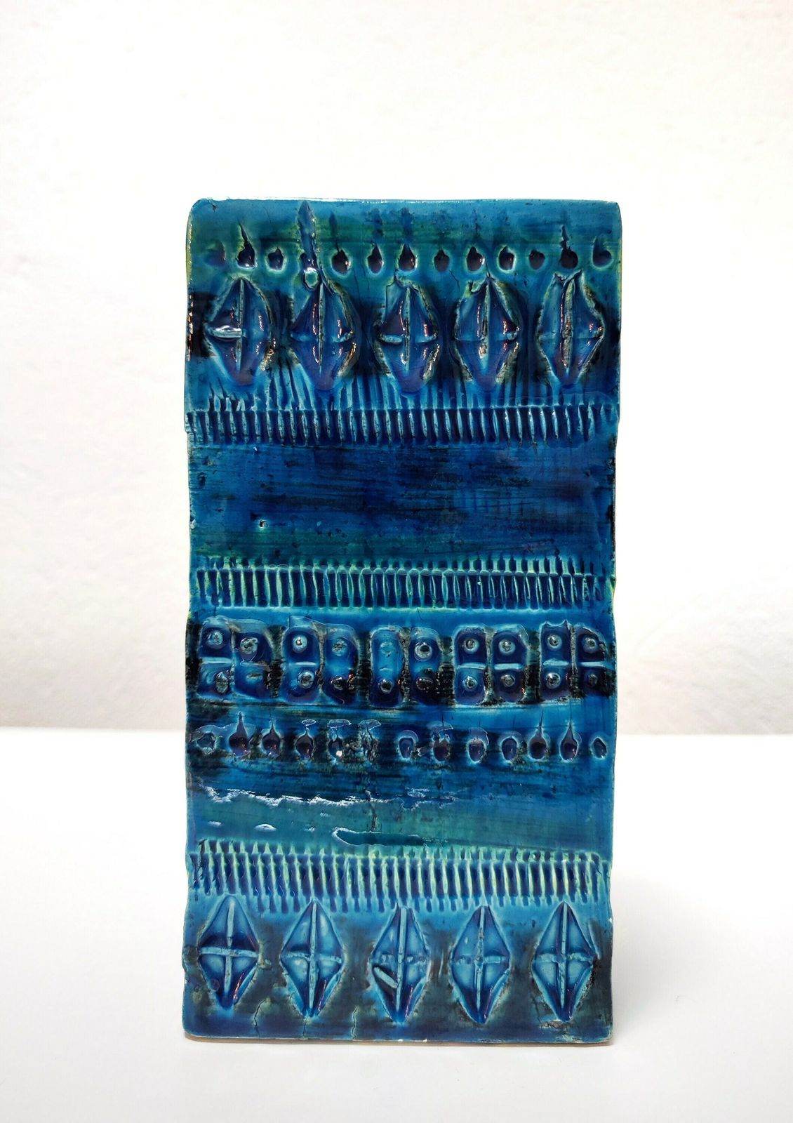 Mid Century Modern Rectangular Glazed Cerulean Blue Vase Designed By Aldo Londi For Bittossi Ceramics // Made In Italy In 1960s photo buy