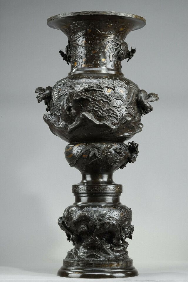 Large Bronze Vase Sculpted With Chimeras, Dragons, Birds Of Prey And Phnix. photo furniture